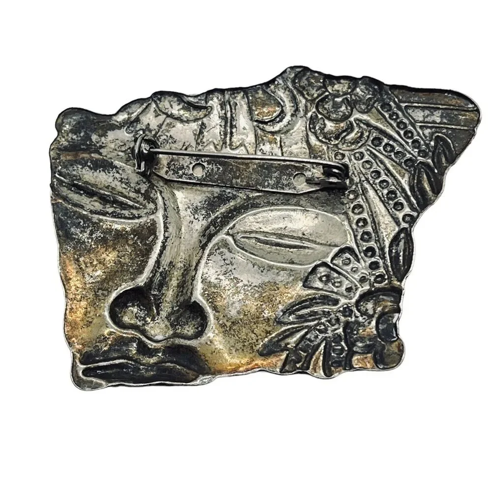 Face Brooch Pin Art Nouveau Silver Tone Fragment Style Retro Chic Aged Floral